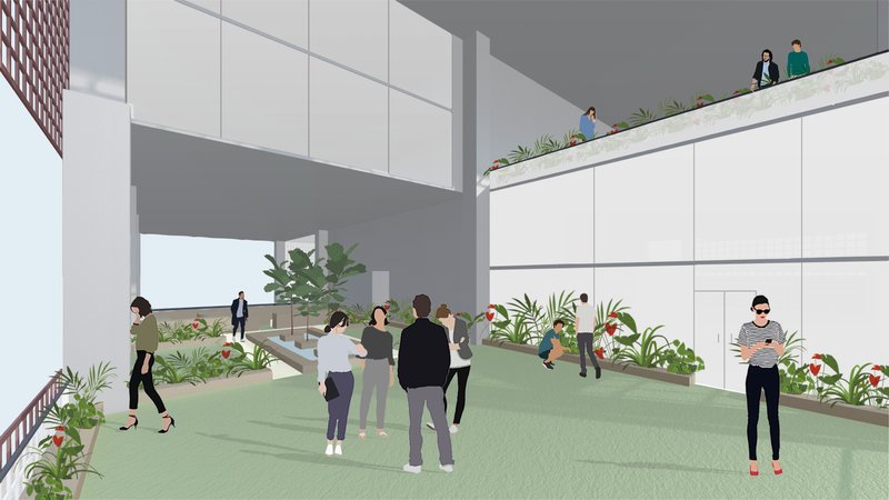 Multi-level green void fostering interaction and informal workspaces within the tower.