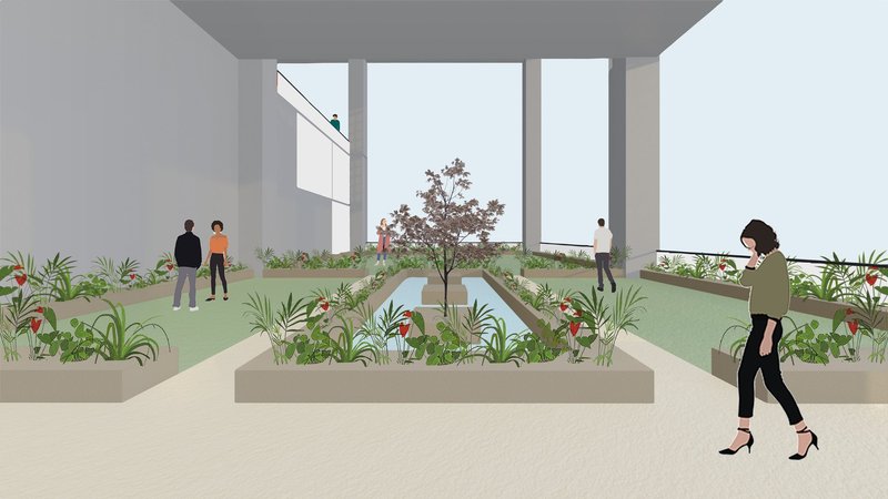 Indoor garden spaces enhancing user experience through light, air, and greenery.