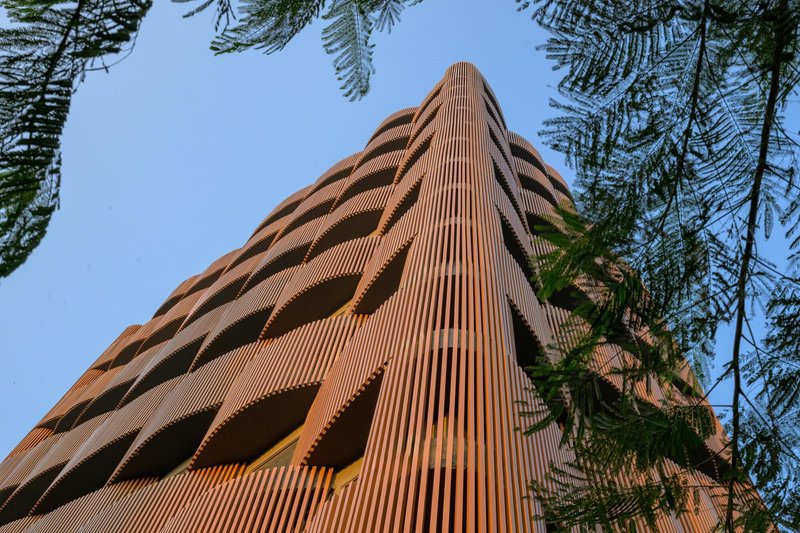 Corner view of the terracotta-clad tower rising through overhanging tree branches in afternoon light