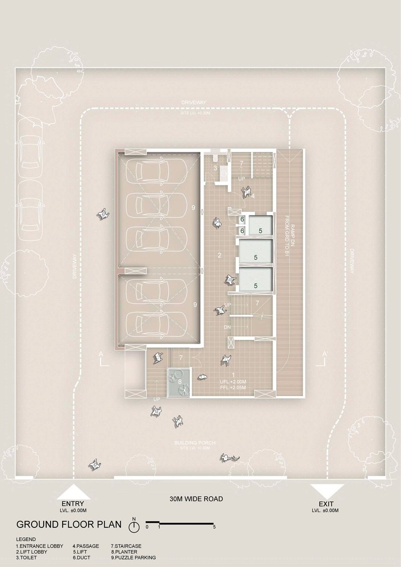 Ground floor plan drawing showing parking area and residential lobby with surrounding landscape