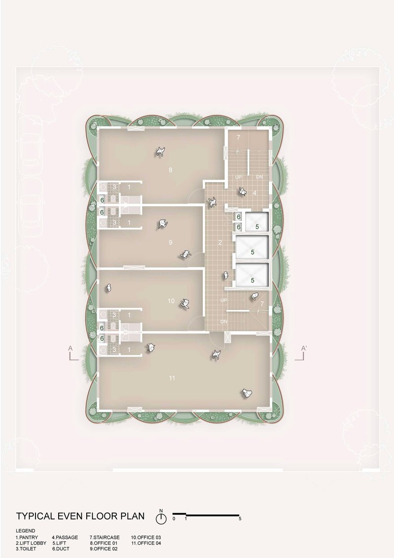 Typical floor plan drawing showing residential units with planted balconies wrapping the perimeter