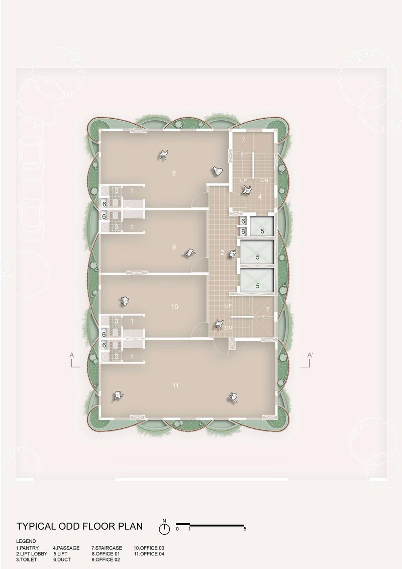 Floor plan drawing showing a rectangular building with interior rooms and surrounding landscape buffer of trees