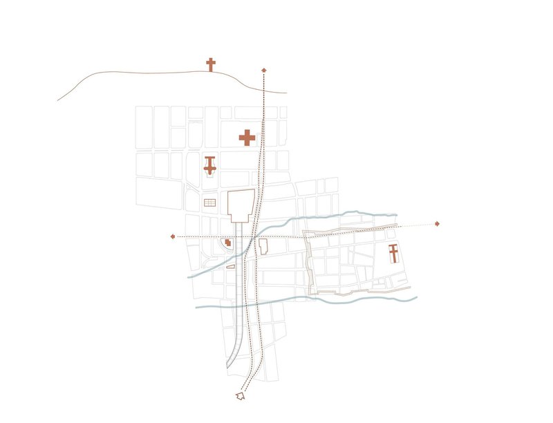 Site plan drawing showing buildings and pathways with topographic contours and orange marker symbols