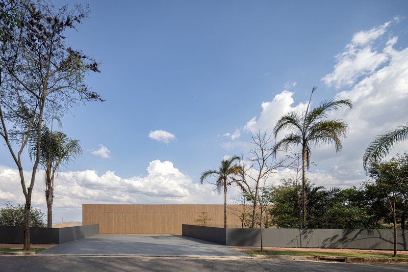 Street view of the timber clad wall rising above a grey base with scattered palms under cloudy skies