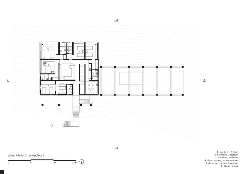 Floor plan drawing showing upper level rooms and colonnade terrace extension