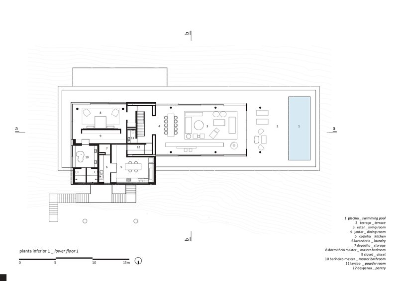 Floor plan drawing showing open living spaces with pool terrace on lower level