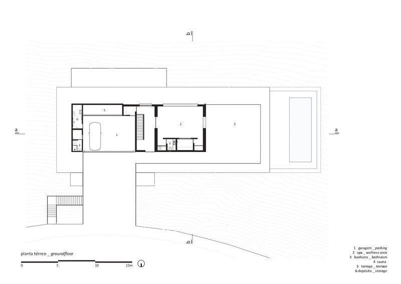 Ground floor plan drawing showing garage, terrace and sloped site boundary