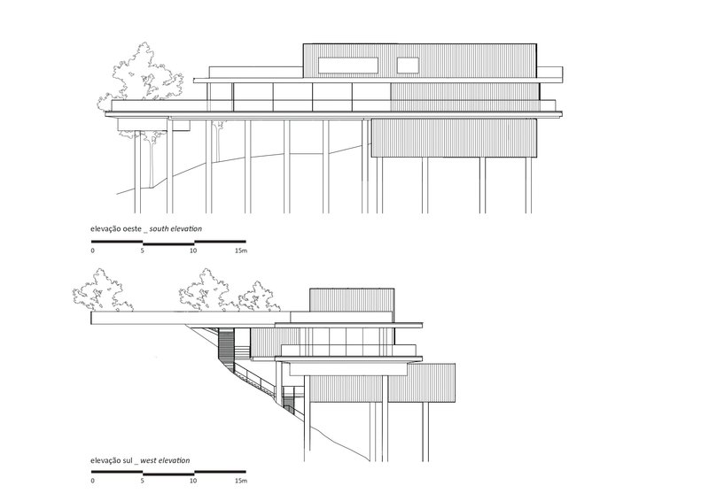 South and west elevation drawings depicting stacked volumes on sloped terrain with adjacent trees