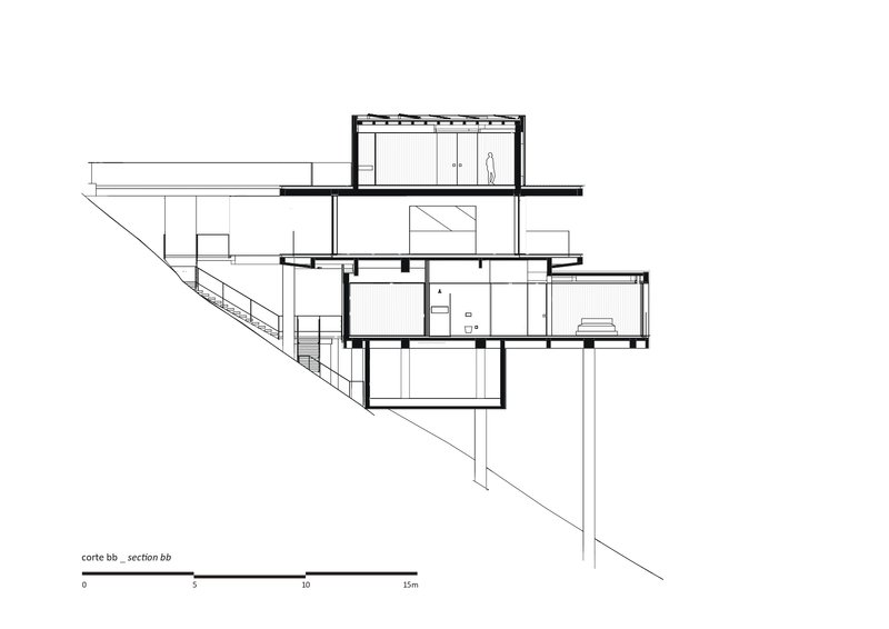 Section drawing showing the vertical circulation and room configurations across the hillside site