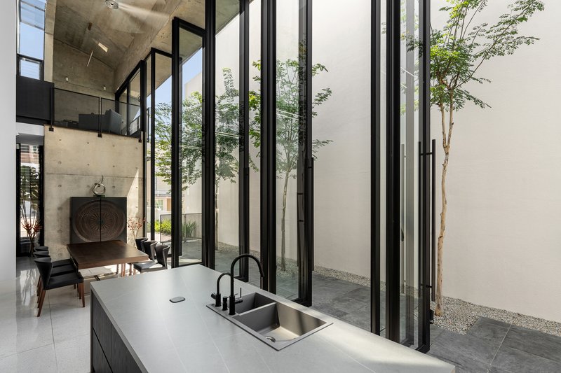 Kitchen island with black tap and sink facing glass wall opening to side courtyard with young tree