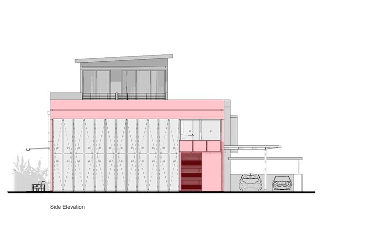 Side elevation drawing showing double-height glazed wall with diagonal bracing and pink cantilevered band above garage