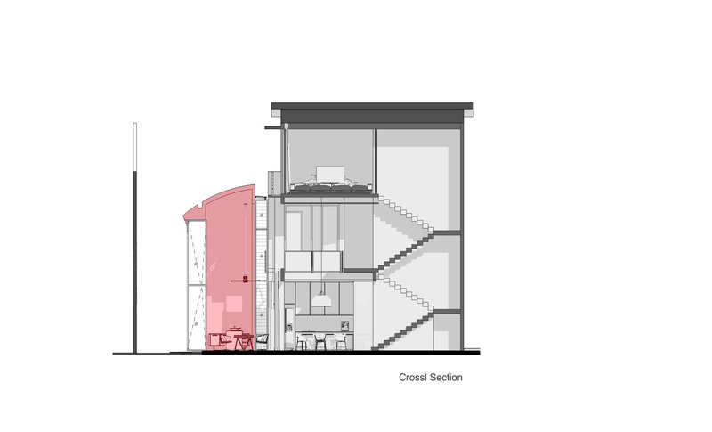 Cross section drawing showing staircase connecting three floors with pink-highlighted cylindrical element and water tanks