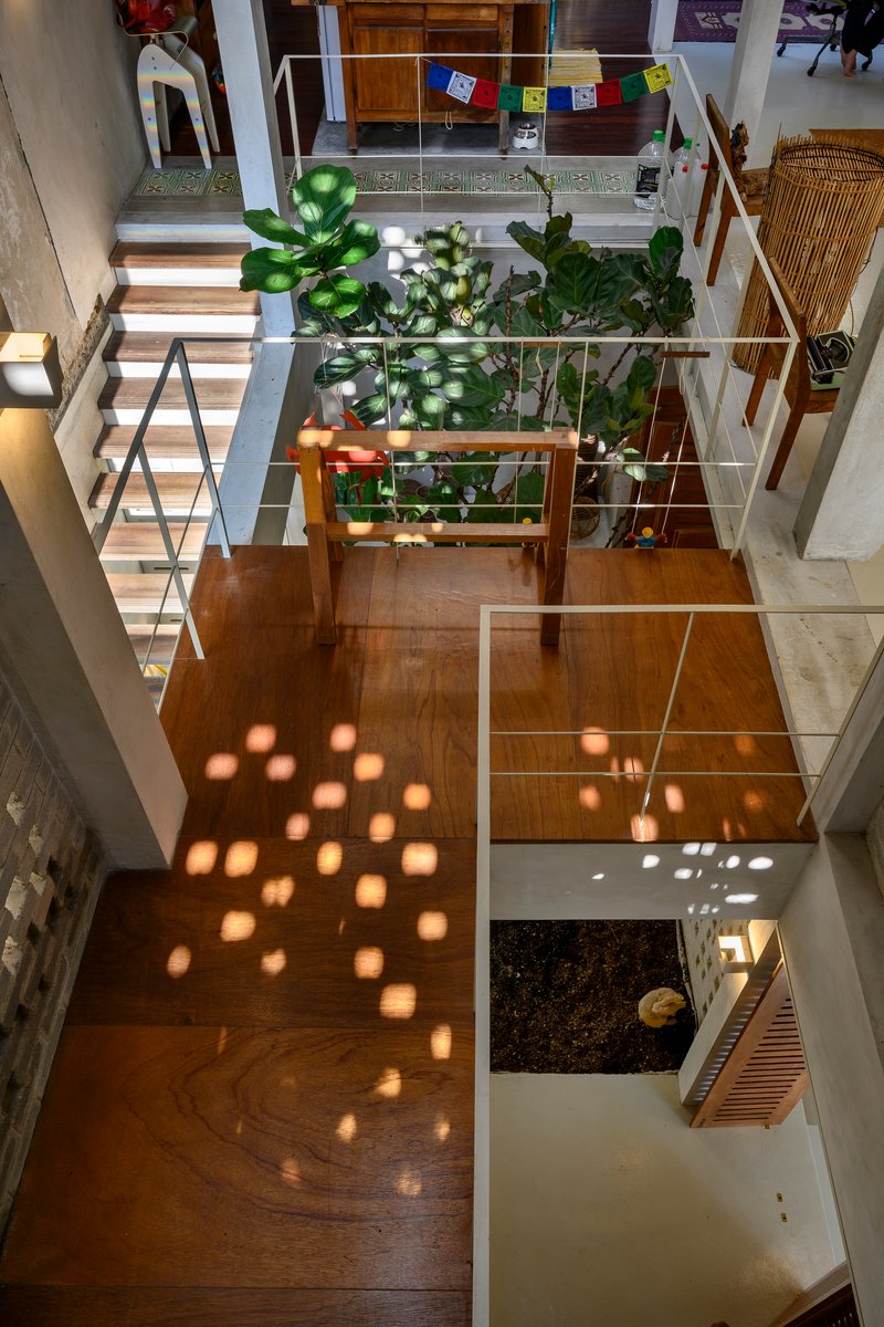 Top-down view of stairwell and planted courtyard with dappled sunlight filtering through overhead structure