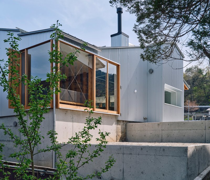 Exterior view of corrugated metal cladding and timber-framed glazing above a concrete base with young trees