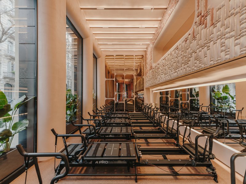 Rows of Pilates reformer machines beneath a timber slat ceiling and textured basketweave wall with planters