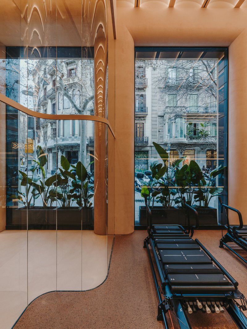 Floor-to-ceiling windows framing street view with potted plants and curved timber column beside exercise equipment