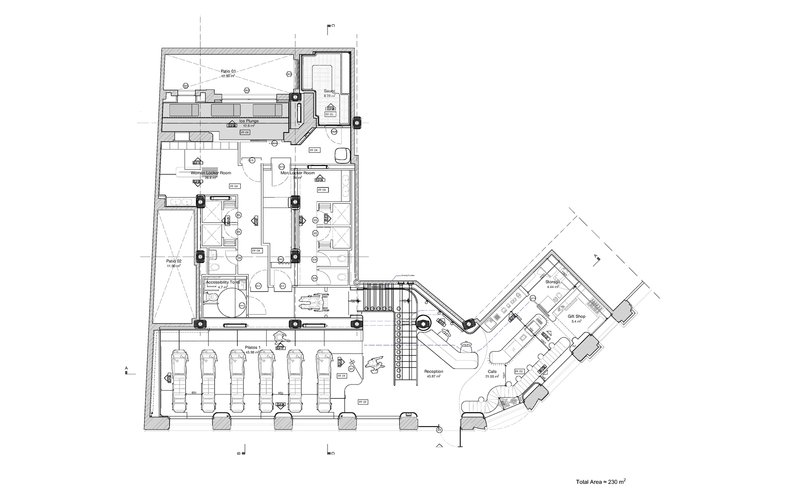 Floor plan drawing showing angled layout with exercise area, stair core and auxiliary rooms