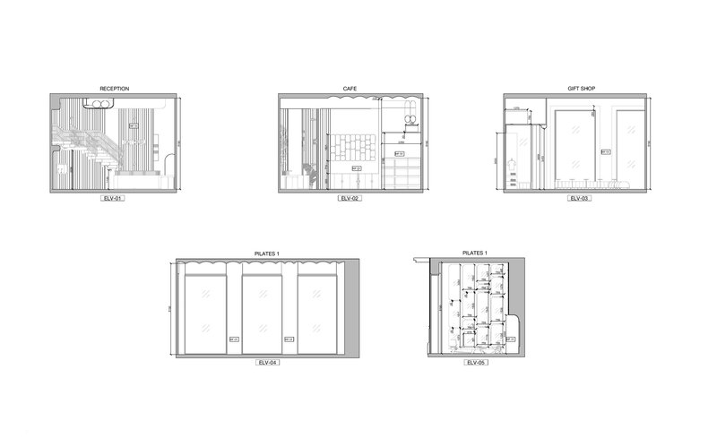 Interior elevation drawings of reception, café, gift shop, and various service rooms with material hatching