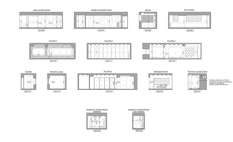 Interior elevation drawings showing locker rooms, sauna, ice plunge, pantry, massage room, and exercise spaces