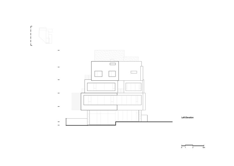 Left elevation drawing illustrating horizontal massing with recessed and projecting rectangular forms