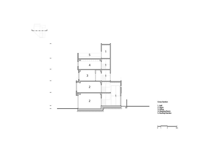 Cross section drawing revealing interior spatial organization across multiple split levels with numbered zones