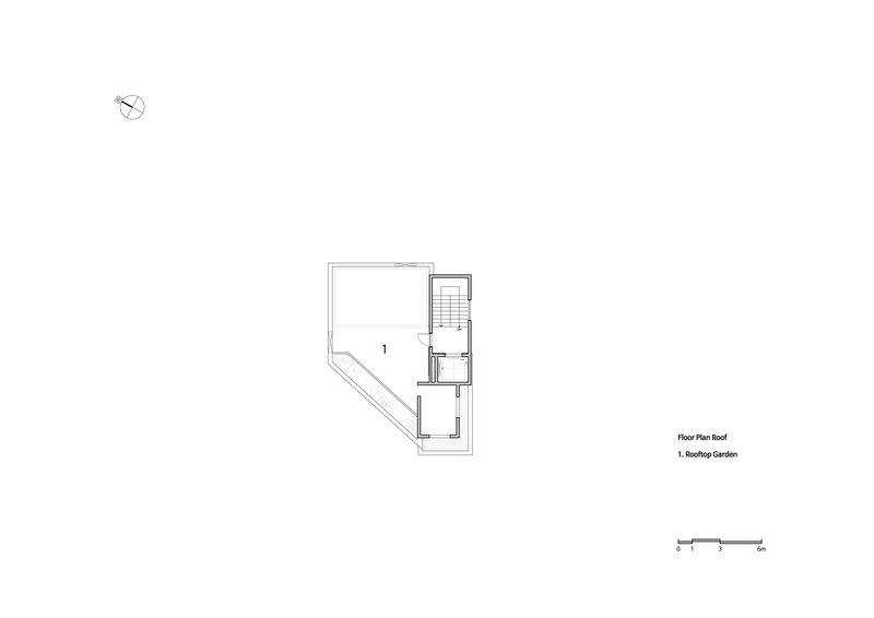 Roof plan drawing showing rooftop garden and stair access on an angled footprint