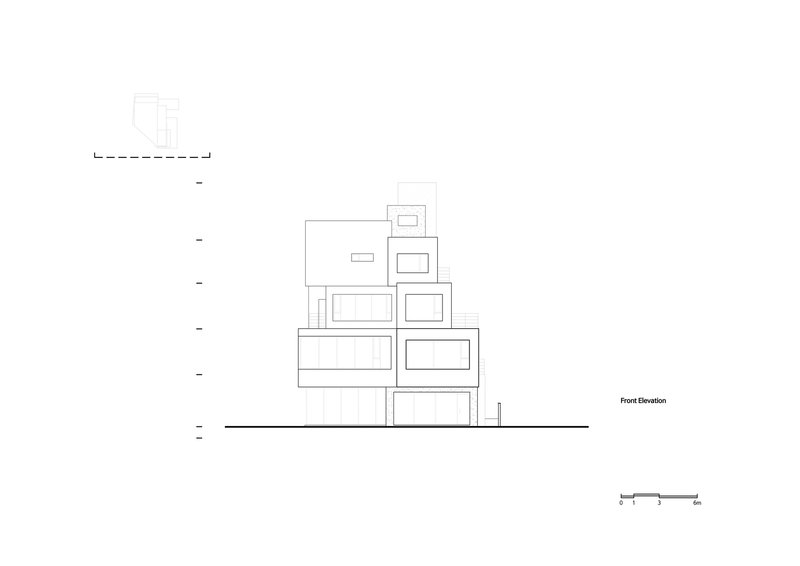 Front elevation drawing showing stacked boxes stepping upward from ground level