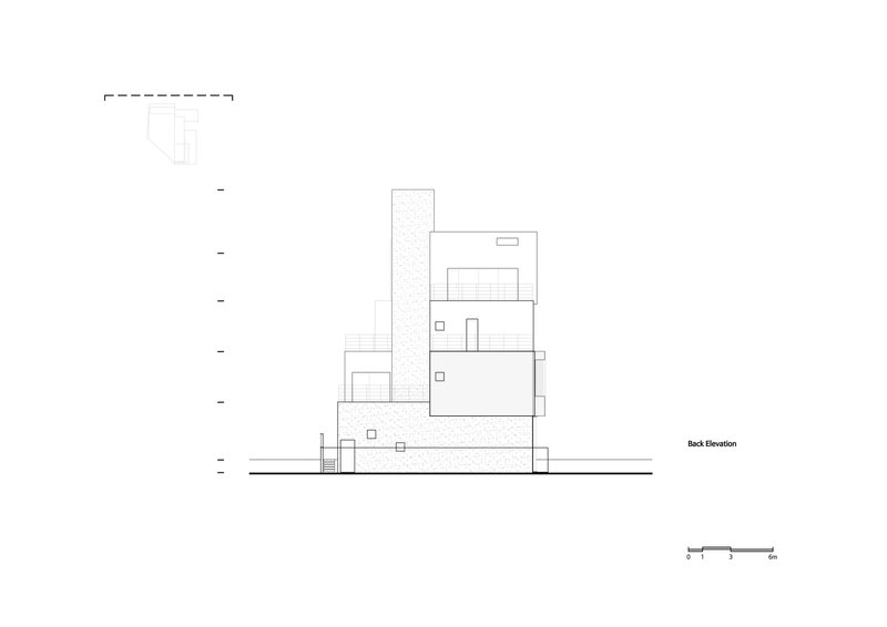 Back elevation drawing depicting a vertical tower element adjacent to clustered rectangular volumes