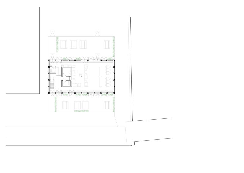 Floor plan drawing showing rectangular volume with perimeter columns and central service core