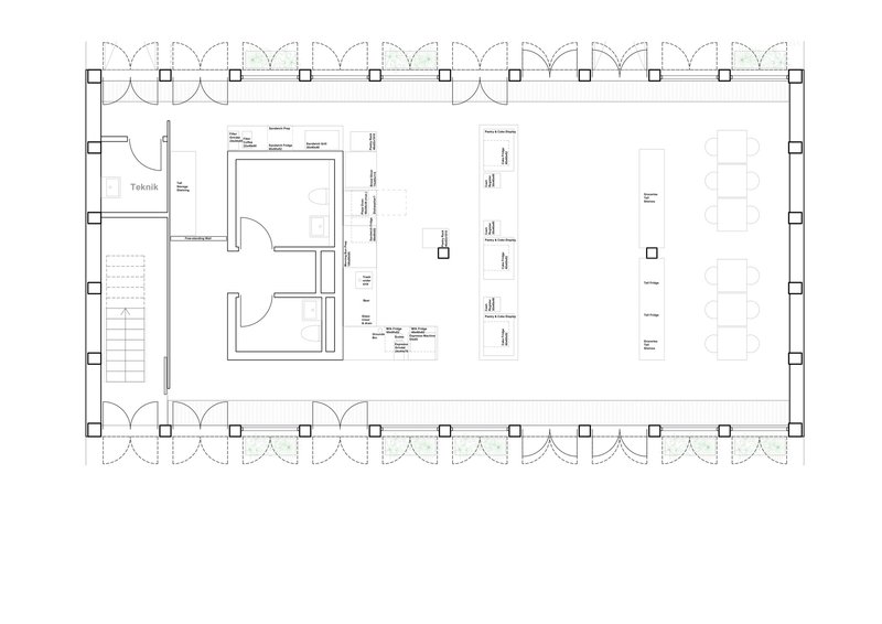 Floor plan drawing showing open dining area with arched perimeter and enclosed service zones