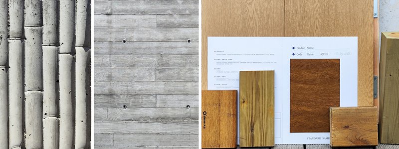Material sample board with bamboo formwork concrete panel and wood veneer swatches on plywood