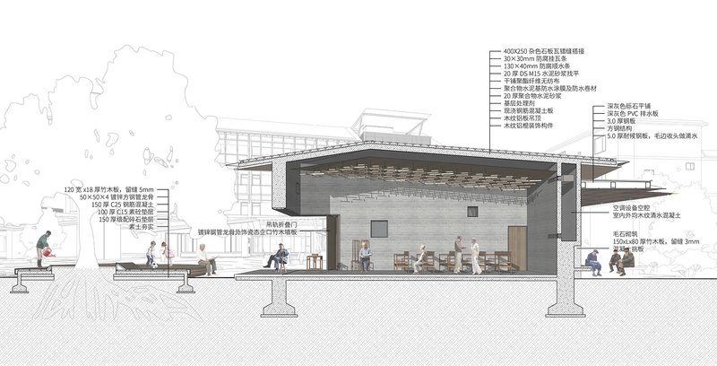 Section drawing revealing the double-height interior space with exposed timber roof structure and annotated details