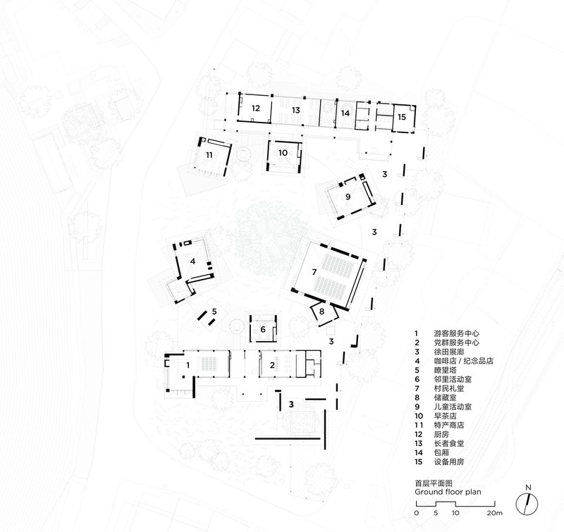 Ground floor plan showing clustered pavilion volumes arranged around open courtyards and numbered room designations