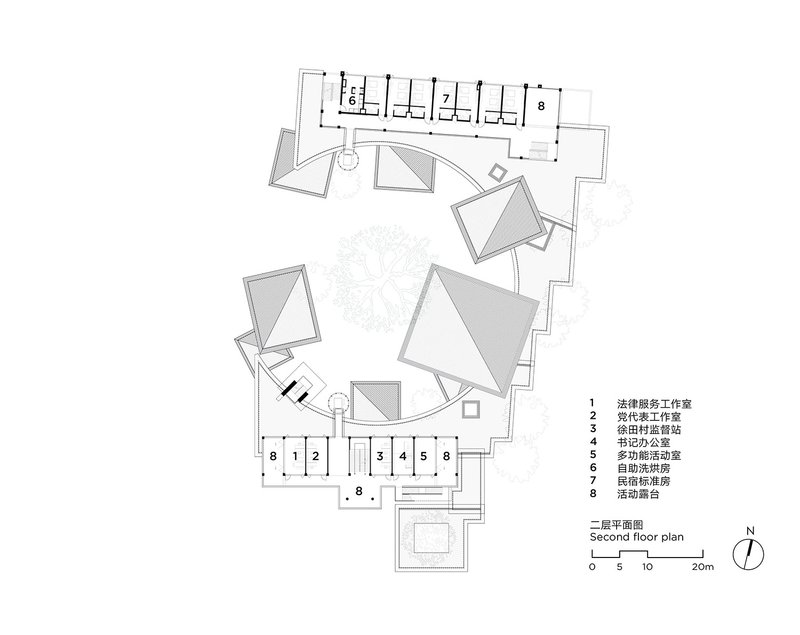 Second floor plan showing pyramidal roofed volumes arranged around a central courtyard with a tree