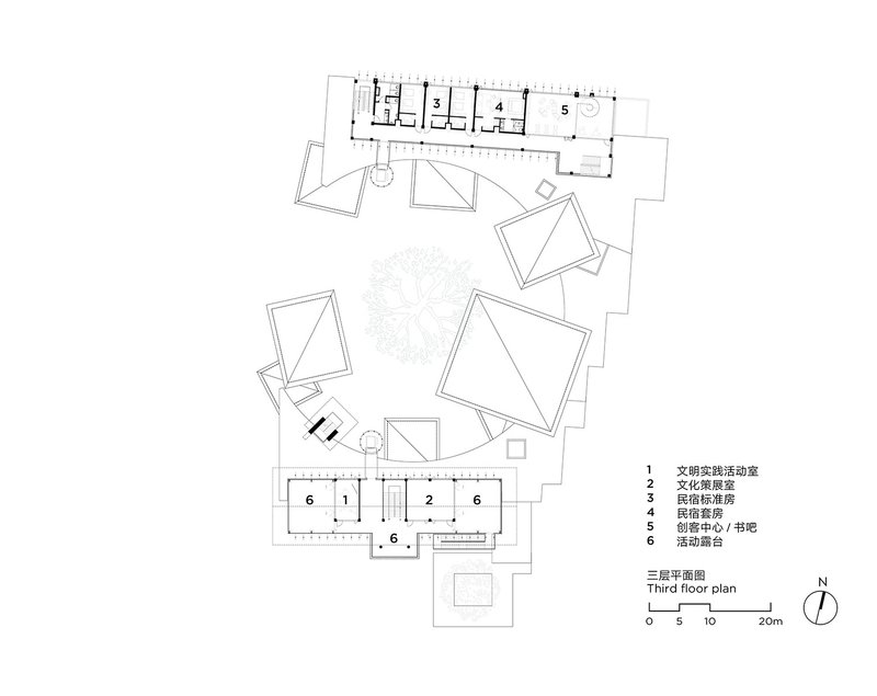 Third floor plan showing pyramidal roofed volumes with interior rooms along a linear bar at the perimeter