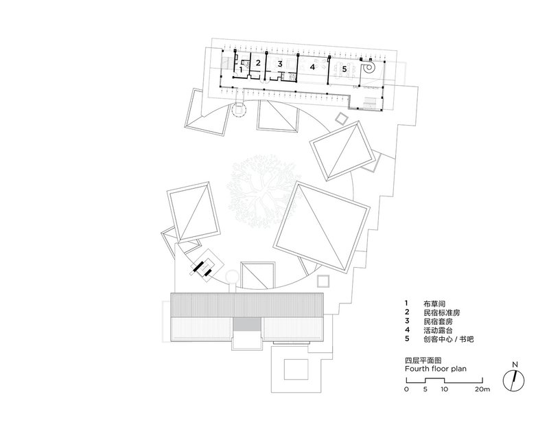 Fourth floor plan showing pyramidal roofed volumes with a terrace space at the southern edge
