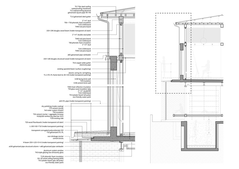 Technical section drawing showing layered wall assembly with annotated material specifications and structural components