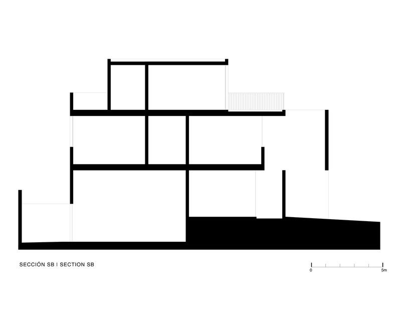 Section drawing revealing staggered floor plates across three levels on sloping ground