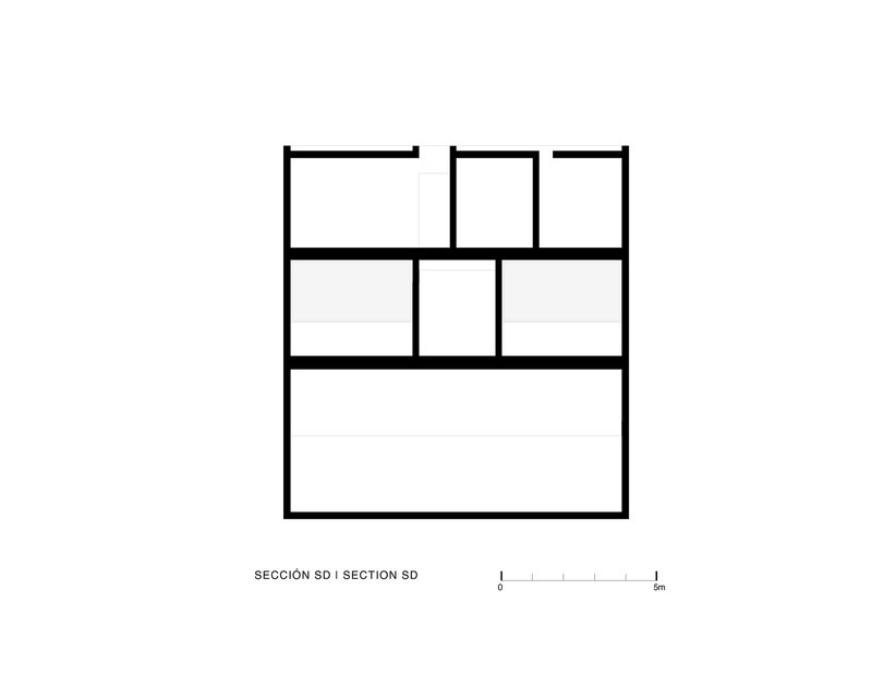 Section drawing displaying two upper levels of compartmentalized rooms above a single open space