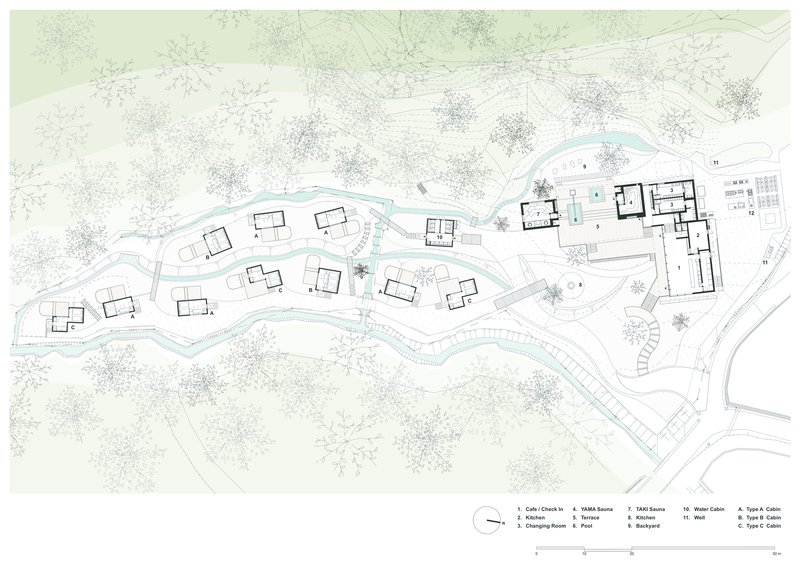 Site plan drawing showing scattered cabin footprints along a winding stream and terraced contours