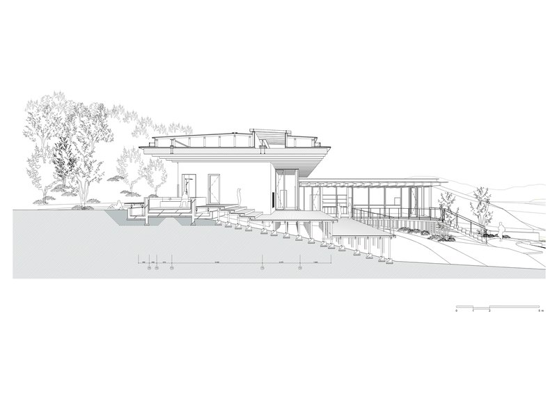 Section drawing showing a multi-level structure on sloping terrain with exterior stairs and trees