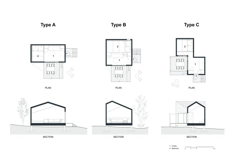 Plan and section drawings comparing three dwelling types with gabled roofs and outdoor decks