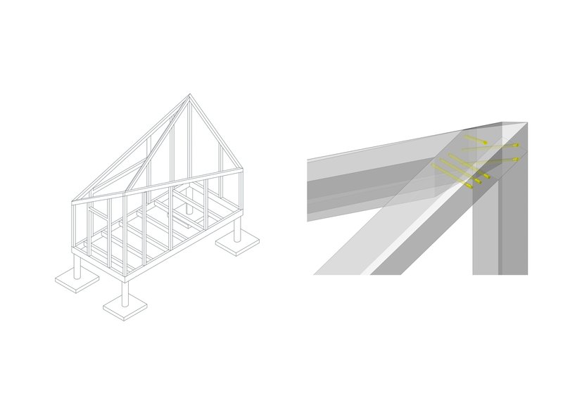 Axonometric and detail drawings of a timber-framed structure with foundation piers and ridge connection