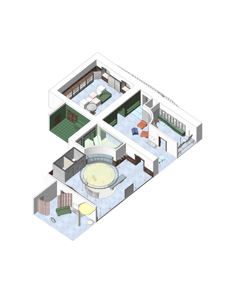 Axonometric drawing showing retail interior layout with central circular seating area and green tiled fitting room