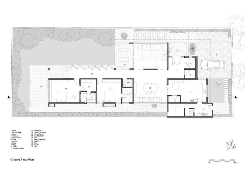 Ground floor plan showing linear layout with swimming pool, living spaces, and landscaped garden boundary