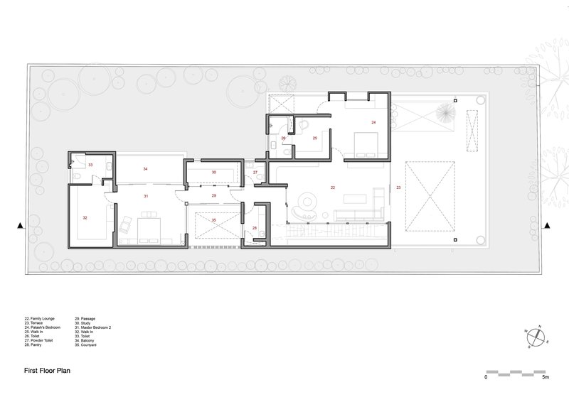 First floor plan showing bedroom wing, family lounge, and open terrace area with north orientation