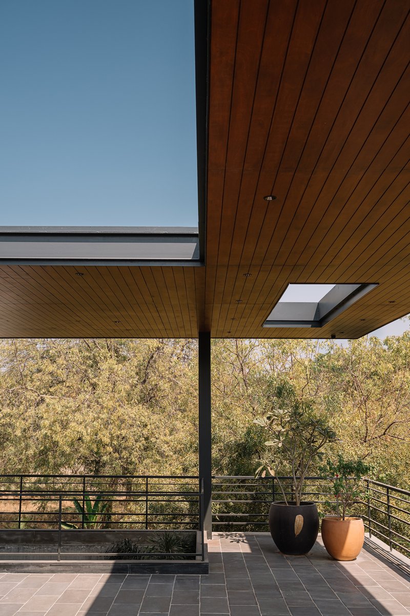 Covered terrace with timber slat ceiling and skylights overlooking potted plants and distant treetops