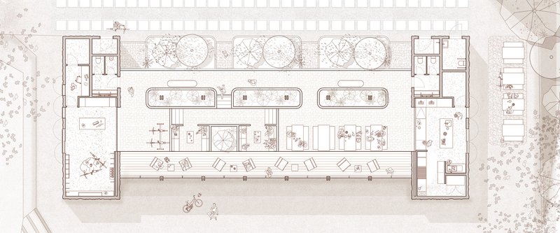 Floor plan drawing showing a linear arrangement of spaces with planted courtyards and service blocks at each end