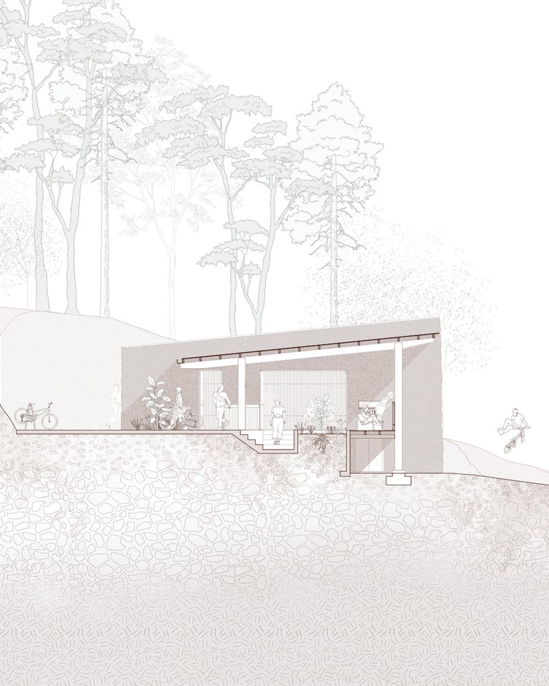 Section drawing through the pavilion showing the sloped site and tree canopy above with figures for scale
