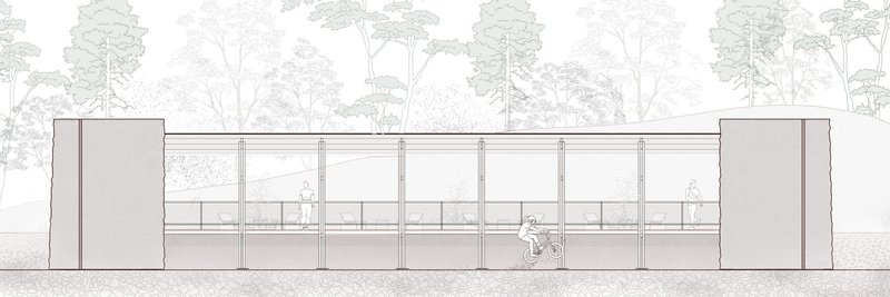 Elevation drawing depicting a glazed facade with slender columns flanked by solid end volumes
